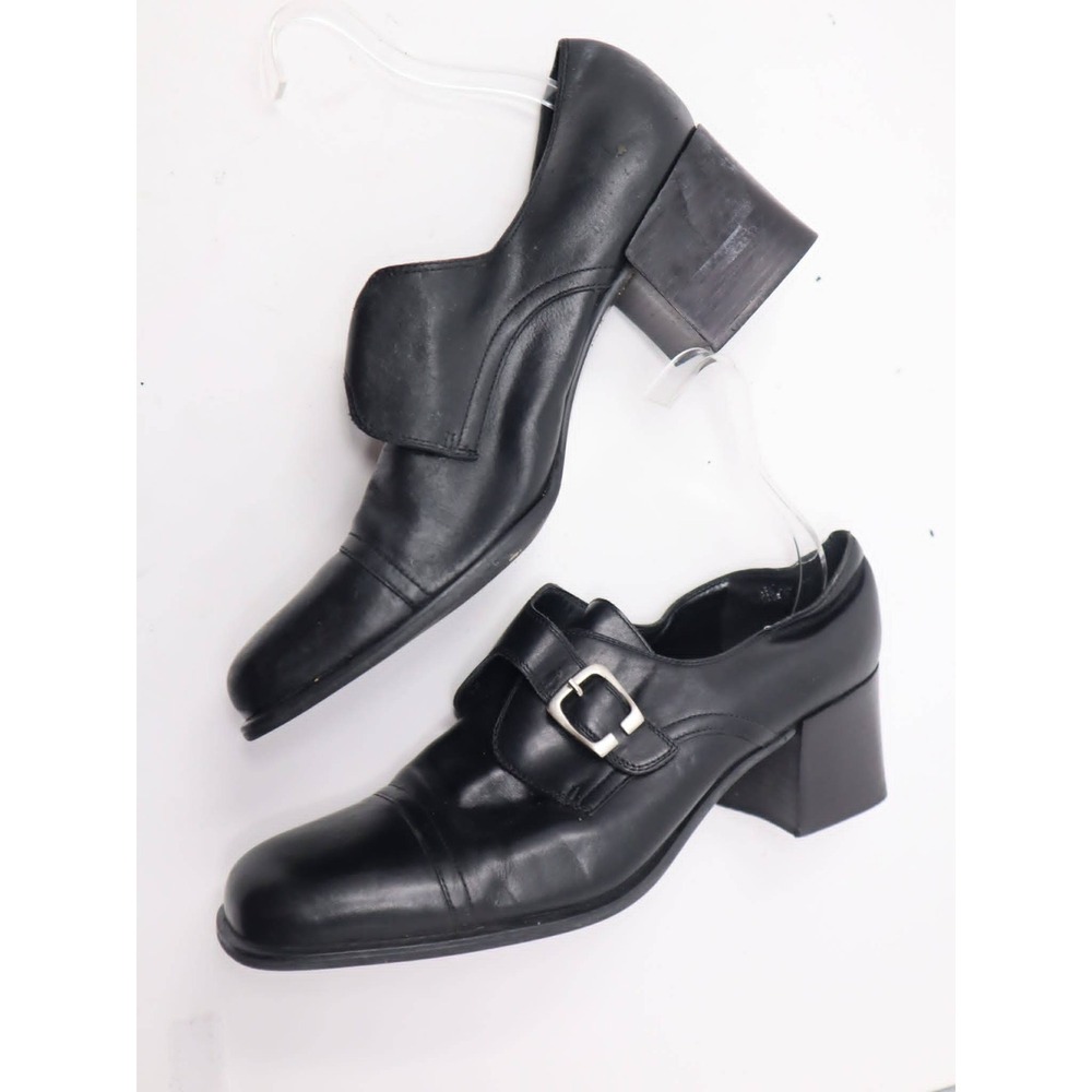 Black Block Heels 7.5 Etienne Aigner Womens Leather Monk Strap Square Toe Shoes